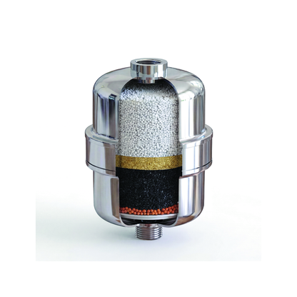 Inside the filter — four active media beds: KNS, KDF 55, Activated Carbon, Vitamin C
